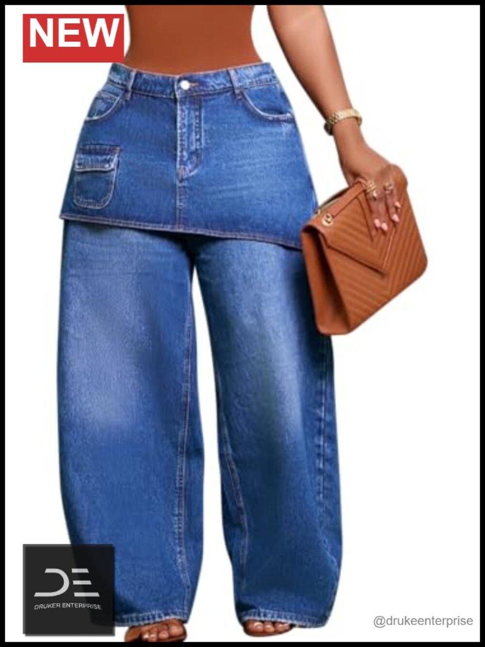 Wide Leg Cargo Jeans High Waist Baggy Pants with Overlay Skirt